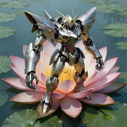 waterlily themed amphibious zeon mobile suit flower petals being robotic limbs, detailed sci - fi painting, waterlily pads sculpted in metal, by cyril rolando, beeple. biomechanical, bandai box art, beautiful sci - fi robots, behance hd artstation. # power armor, incredible depth, 8 k hd resolution