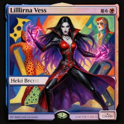 a ultradetailed painting lilliana vess vampire queen planeswalker aleksi bricolt, red black purple leather outfit energy hands long black hair gradient with by karl kosinski yayoi kusama raqib shaw dancer mc escher gottfried helnwein magic the gathering art layout, futurism, vibrant colors zbrush sharp focus