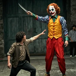 Jack Burton throwing a knife at a tall Chinese clown, Lo Pan, cinematic still, amazing photo