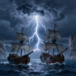two pirate ships locked in a furious cannon battle sailing through a powerful lighting storm, cliffs can be seen in the background, in the style of hudson river school, trending on art station, done in all blues