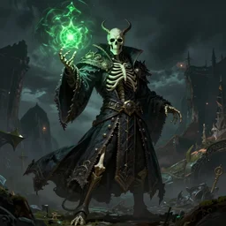 an artwork of a skeleton overlord magician with a coat casting a spell with green ornaments, elden ring style