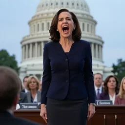 Movie still of Sheryl Sandberg standing up and screaming at Congress in Facebook The Movie (2017), directed by Steven Spielberg