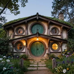 low angle front facing view of double - storey hobbiton architecture with garden, highly detailed matte painting, evening, by stanley artgerm lau, greg rutkowski, thomas kinkade, alphonse mucha, loish, norman rockwell, artstation, unreal engine 5