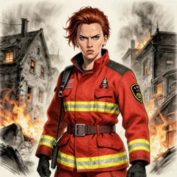 angry scarlett johansson wearing fireman uniform. surrounded by a burning houses, afro samurai anime style, charcoal sketch, dramatic lighting,