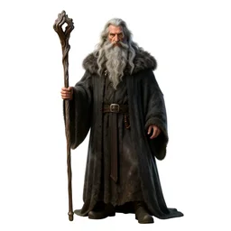 grizzled wizard with long beard and staff, high detail digital art, full body, standing, isolated on a pure white background, centered, whole figure in frame, sharp focus, studio lighting