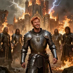 ( ( ( laughing ) ) ) ( ( ( ( copper haired chris hemsworth ) ) ) ) as destruction from sandman looking like kristofer hivju!!, medival armour!!, by jeremy mann, by frank moth, jeff easley, alphonse mucha, dave mckean, burning castle, soft lightning, high detailed, 8 k