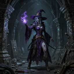 zombie wizard girl character standing in crypts casting a spell, 3 point perspective, photorealistic, volumetric lighting, intricate detail, digital art, Created by Artgerm