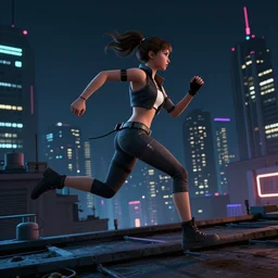 Faith Connors from Mirror's Edge (2008 video game) running over a rooftop, cyberpunk, nighttime