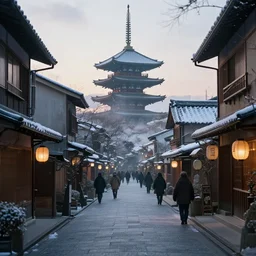 nuclear winter, street of kyoto, near future, fantasy, sci - fi, hyper realistic, serene, morning.