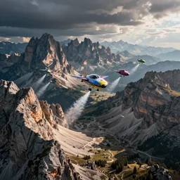sky parade of colorful alien spacecrafts flying over swirling dolomites, birds eye view