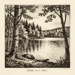 wood etching of a lakeside forest