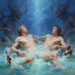 breathtaking detailed soft painting of an drunk scow with mystical horrors, bathing in dreaming lactescent sea, alcohol with blue delirium skies, water drowned hurrican, elegant, highly detailed, artstation, concept art, matte, sharp focus, art by tom bagshaw, and greg rutkowski