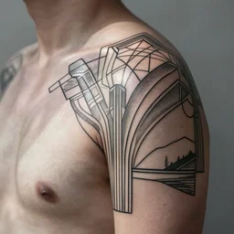 straight mirrored minimalist art deco shoulder tattoo, wide, intricate detail, simple lines