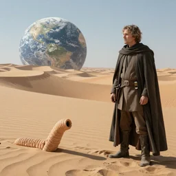 star wars fan in the Dune desert next to earthworm in stile of Aivazovsky