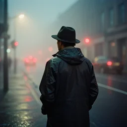 analog portrait photograph of a man from the back wearing a raincoat and a hat, alone in the street with thick fog and mist at night by alex prager and mark owen. red lights. bokeh. cinematic. hq. detailed. contrast. cinestill 8 0 0 t