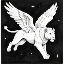 angelic majestic winged lioness flying in outer space, stars dotted in background, black and white ink on paper, thick thick thick outlines, 8k high quality detailed manga art, trending on art station and cgsociety, super wide angle, octane, by Eiichiro Oda and Hokusai