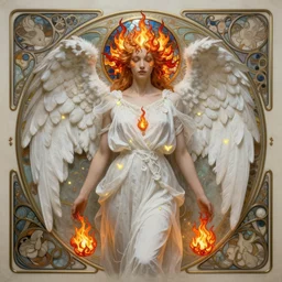 Angel phoenix in white gauze dresses of fireflies and flameches, symmetrical facial features, fire stainglass, intricate, elegant, highly detailed, digital painting, artstation, concept art, matte, sharp focus, illustration, thin intricate art nouveau frame, art by Artgerm and Greg Rutkowski and Alphonse Mucha