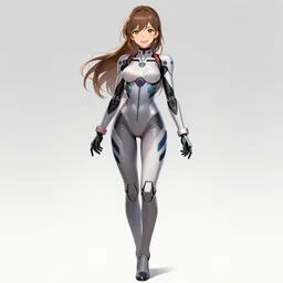 beautiful anime robot girl in a form-fitting cybernetic suit, sexy pose, hourglass slim figure, attractive features, full body portrait, happy smile, highly detailed, digital painting, artstation, concept art, sharp focus, illustration, art by artgerm and greg rutkowski and alphonse mucha