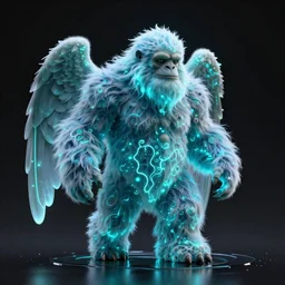 bioluminescent furry yeti on a angelic biome, fantasy, hyper realism, wet reflections, intricate, digital art, detailed, studio shot, unreal engine 5, octane, high definition, smooth, artstation, behance