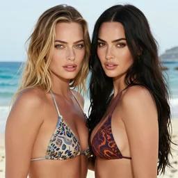 margot robbie and megan fox posing with a beautiful bikini on the beach, amazing detail, hyper - realistic face, beautiful eyes, fantasy art by greg rutkowski and artgerm