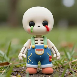 an adorable simple porcelain ball jointed skeleton fashion doll lovingly crafted by hand at the park, bright and colorful, wearing festive overalls, worms eye view, macro camera lens, cinematic, focus