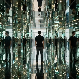 man standing at the middle of mirrors maze, mirrors are at an angle to each other refracting each other recursively, highly detailed, octane render 8 k