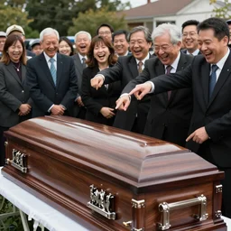 People laughing and pointing at an open casket funeral