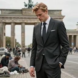 A picture of a tall blond rich man in a well-tailored suit looking down at the poor in a city that looks like Berlin in the style of Zhang Kechun , unreal 5, DAZ, hyperrealistic, octane render, dynamic lighting