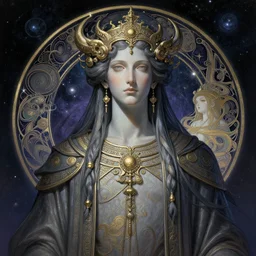 hyperdetailed portrait of a cosmic god. by greg rutkowski, highly detailed, digital painting, artstation, smooth, sharp focus illustration, artstation hq. intricate, elegant. art by wlop and artgerm and greg rutkowski, alphonse mucha, medium shot. dan mumford, tomokazu matsuyama, takato yamamoto