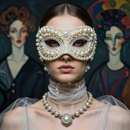 a beautiful futuristic portrait covered by mask made of wires and pearl, necklace made by wires and gauzes twisted around neck, design by leonardo davinci, inspired by egon schiele, balenciaga, modern art, baroque art jewelry, new classic, fashion design, photorealistic, hyper realistic, cinematic composition, cinematic lighting, fashion design, concept art, hdri, 8 k -