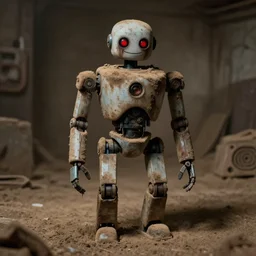 photo of an abandoned dirty humanoid robot looking at the camera and smiling with a creepy face in a basement by Greg Rutkowski, dark, creepy, horror, disgusting, dust, brown scheme color, uncanny valley, full shot, photo photo, depth of field, red eyes