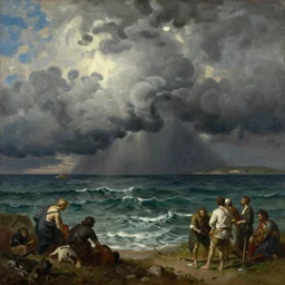 the storm on the sea of galilee, oil - on - canvas painting, close - up, elegant, volumetric lighting, scenery, digital painting, highly detailed, artstation, sharp focus, illustration, concept art, by rembrandt van rijn, 1 0 0
