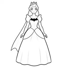 figure princess batman, cape, marvel, dc, xmen, frozen, dress, powerful, beautiful, in the coloring book style, black and white, simplified, minimalist, no background, cartoon,