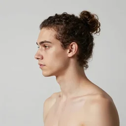 a white male with a man bun curly  a skinny young white male with a dark brown curly man bun