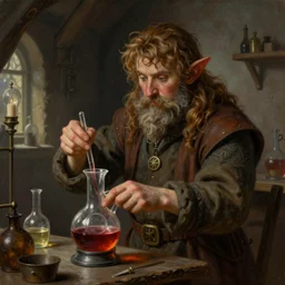 a highly detailed portrait painting of a young dwarf mixing a potion in medieval lab, hires, 4 k, artstation, deviantart, in the style of tim hildebrandt