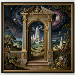 a cosmic doorway to a fantasy landscape, by pieter bruegel the elder, hydro - dipping, framed, wall decal, in a symbolic and meaningful style, insanely detailed and intricate, hypermaximalist, elegant, ornate, hyper realistic, super detailed