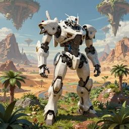 robotic mechas in highly detailed alien planet with lush vegetation, deserts and mountains, artgerm, cgsociety