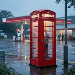 panoramic view of a single phone booth on a rainy day, a 6 0 s gas station in the background, behance hd by jesper ejsing, by rhads, makoto shinkai and lois van baarle, ilya kuvshinov, rossdraws global illumination, 4 k artstation, unreal engine