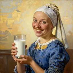 award winning painting of Dutch milk maiden smiling with a milk mustache, holding a large glass of milk, golden hour, by Craig Mulins, Norman Rockwell, 4K, HD