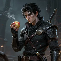 An epic fantasy comic book style portrait painting of a dark eyed, dark haired pale male thief playing with an apple, unreal 5, DAZ, hyperrealistic, octane render, cosplay, RPG portrait, dynamic lighting
