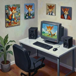 A mixed media painting of a home office and gaming setup from the 90\'s, crash bandicoot is on the crt screen, by Frank Frazetta, Greg Rutkowski, Beeple, post-processing, low angle, masterpiece, cinematic, isometric