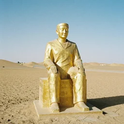 Golden statue of Yung Lean in the middle of the Gobi Desert, award-winning photo, 35mm film