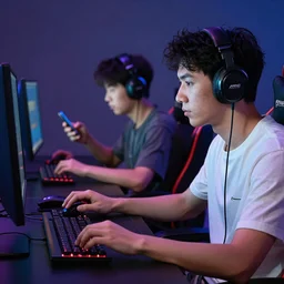 Two gamers, one is a computer gamer, and the second is a mobile gamer, very detailed lighting, highly realistic