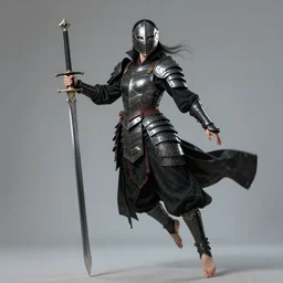 female vampire warrior holding a monstrous zweihander, full portrait, smiling, muscular, flying, modest outfit, barefoot, foot wraps, exposed toes, black plate armor, historical armor, realistic armor, metal mask, ghostblade, wlop, east asian fantasy.