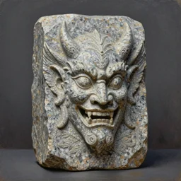 polished hewn rectangular granite rock with a demon face, wings sprouting from the back, fantasy, oil painting, style of seb mckinnon