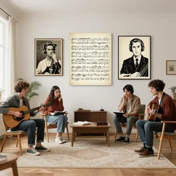 people in beautiful room listen music, musical score, vintage photo collage, artwork by art spiegelman