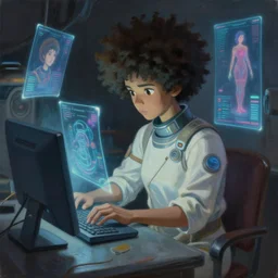 afro - futurist scientist, computers and holograms, hacking the metaverse | hyperrealistic oil painting | by makoto shinkai, ilya kuvshinov, lois van baarle, rossdraws | afrofuturism, in the style of hearthstone, trending on artstation | dark color scheme