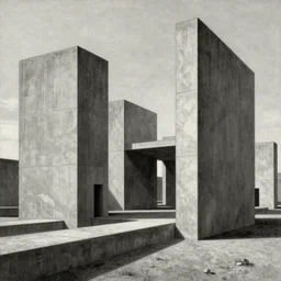 a classical landscape paintings of brutalist concrete structures, perspective, relativity, volumetric lighting, god's ray, lithograph, high contrast, insanely detailed and intricate, manga, etching, ink, crosshatch by giovanni battista piranesi, m. c. escher, gustave dore, tsutomu nihei, junji ito, kentaro miura