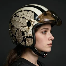 a woman's face in profile, wearing a vintage motorcycle helmet made of recursive intricate delicate leaf skeleton, in the style of the dutch masters and gregory crewdson, dark and moody