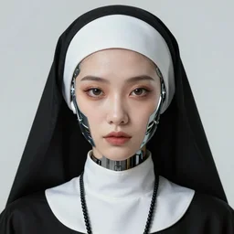 a portrait of an lonely cyber nun, elegant, focus, detailed, realistic eyes, horizontal partial symmetry features proportions, intricate facial details, cybertech, award winning, trending in cgsociety artstation deviant art